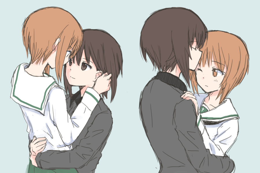 2girls bangs blouse brown_hair closed_eyes commentary dress_shirt forehead_kiss girls_und_panzer green_background grey_shirt hand_in_another's_hair hand_on_another's_shoulder hug incest kiss kuromorimine_school_uniform light_frown light_smile long_sleeves looking_at_another multiple_girls mutsu_(layergreen) nishizumi_maho nishizumi_miho one_eye_closed ooarai_school_uniform sailor_collar school_uniform serafuku shirt short_hair siblings simple_background sisters sketch white_blouse white_sailor_collar yuri