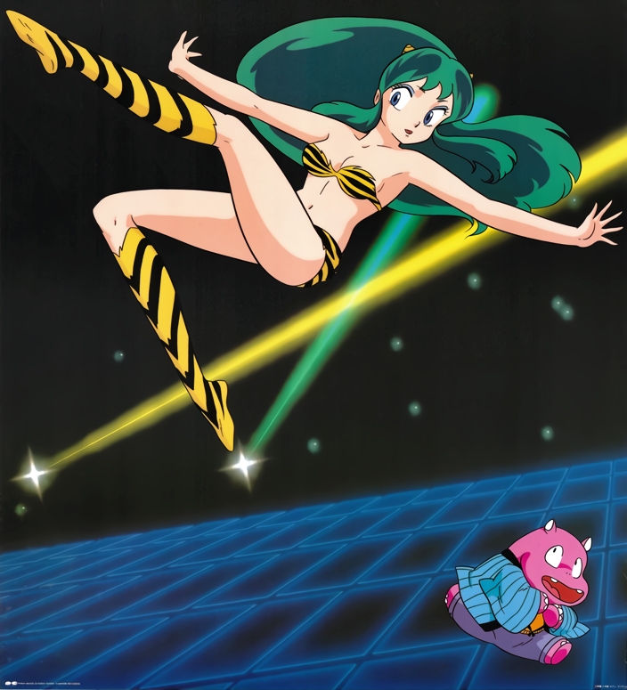 1980s_(style) 1girl bikini blue_eyes boots eyeshadow green_hair hippopotamus horns knee_boots lum makeup official_art oldschool oni oni_horns outstretched_arms solo spread_arms strapless strapless_bikini swimsuit tiger_stripes urusei_yatsura