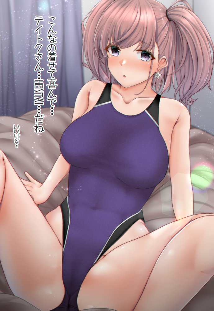 1girl atlanta_(kantai_collection) bed breasts brown_hair commentary_request competition_swimsuit cowboy_shot curtains earrings grey_eyes highleg highleg_swimsuit jewelry kantai_collection large_breasts long_hair one-piece_swimsuit pillow purple_background shohei_(piranha5hk) sitting solo spread_legs star_(symbol) star_earrings swimsuit translation_request two_side_up