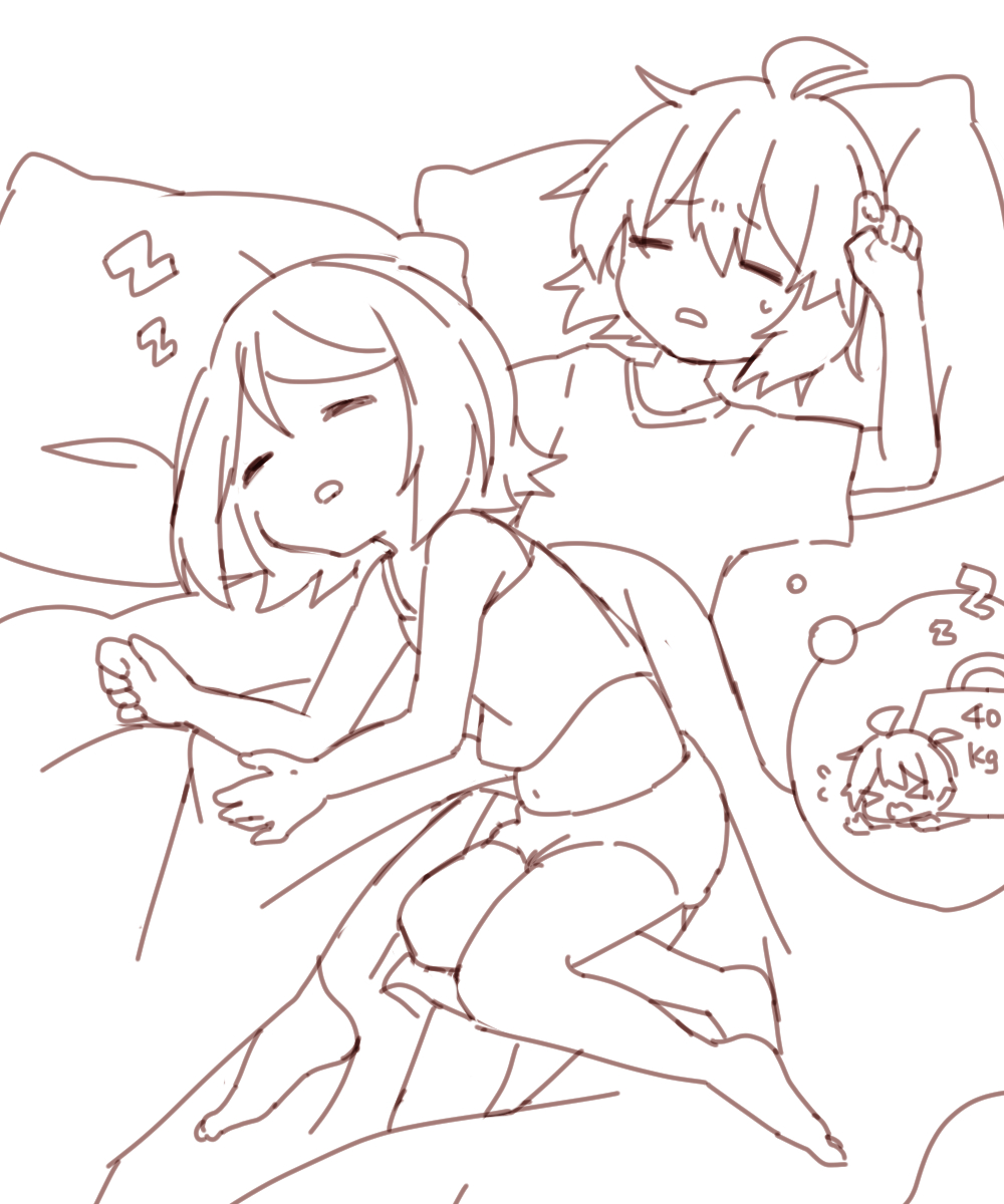 &gt;_&lt; =_= ahoge arched_back highres kagamine_len kagamine_rin lying messy_hair monochrome navel nightmare on_back on_bed on_person on_side pajamas sazanami_(ripple1996) shirt short_hair shorts sketch sleeping sleeping_on_person sleepwear sleeveless sleeveless_shirt vocaloid zzz