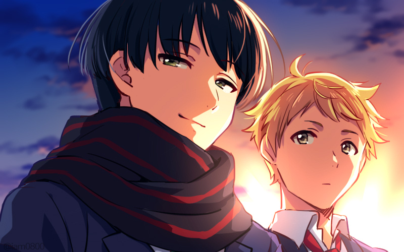 2boys backlighting bangs blazer blonde_hair blue_hair blue_jacket closed_mouth clouds cloudy_sky collared_shirt commentary_request dusk gradient_sky green_eyes jacket kanbara_akihito kyoukai_no_kanata looking_at_another looking_at_viewer male_focus multiple_boys nase_hiroomi sayshownen school_uniform shirt short_hair sky smile sun upper_body white_shirt