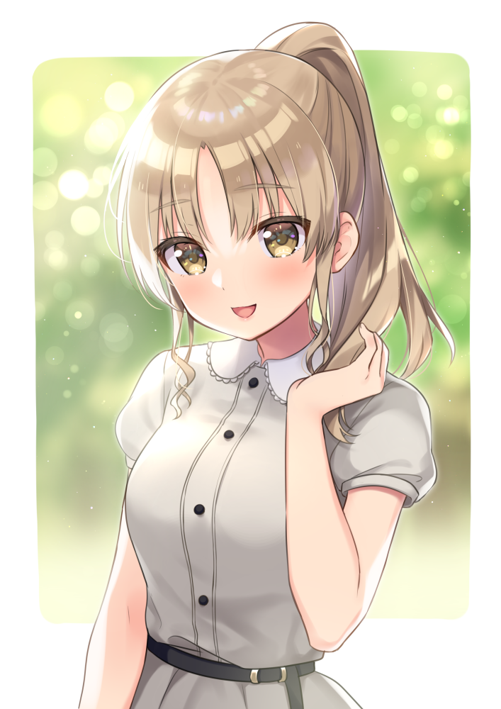 1girl :d bangs blurry blurry_background blush breasts brown_eyes brown_hair collared_dress commentary_request depth_of_field dress eyebrows_visible_through_hair green_background grey_dress hand_up long_hair looking_at_viewer medium_breasts nijisanji open_mouth parted_bangs ponytail puffy_short_sleeves puffy_sleeves shirt short_sleeves sister_cleaire smile solo sumisaki_yuzuna upper_body virtual_youtuber