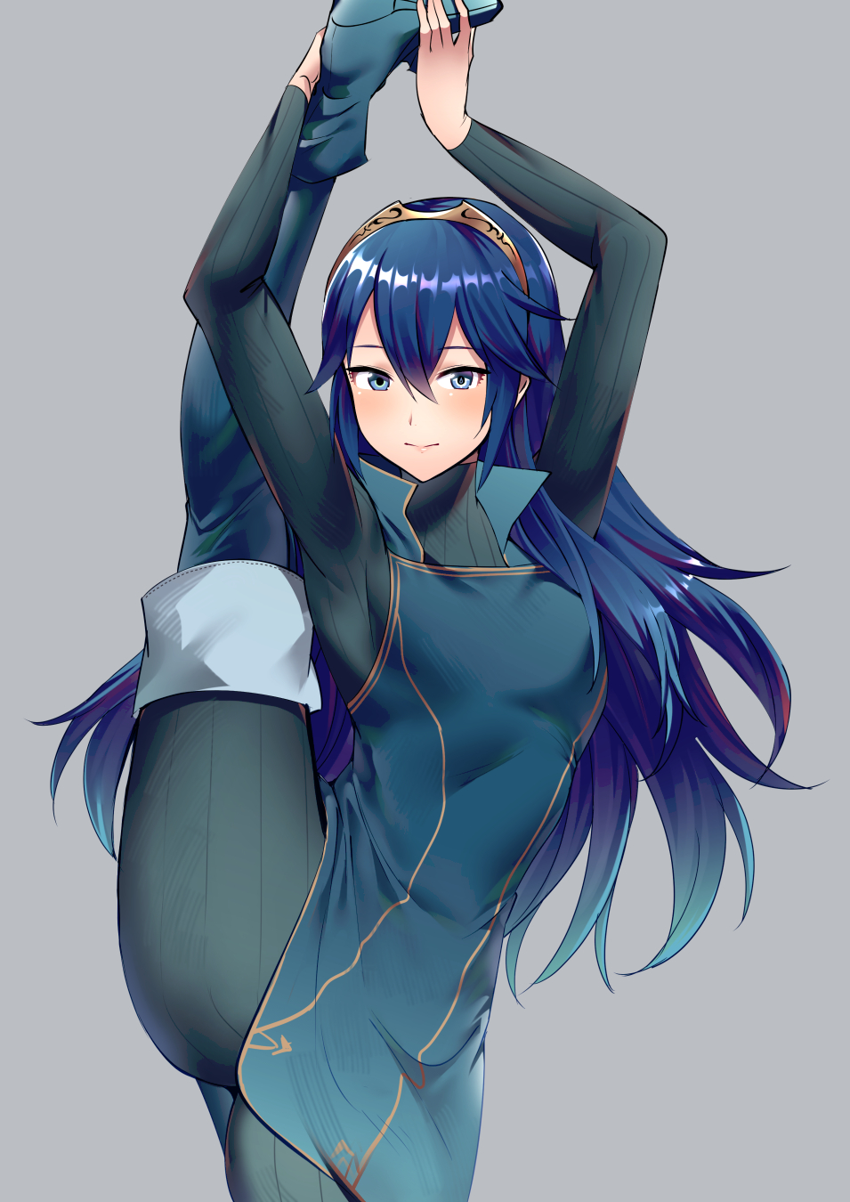 1girl ameno_(a_meno0) arms_up bangs blue_bodysuit blue_eyes blue_hair blush bodysuit boots closed_mouth dress fire_emblem fire_emblem_awakening gradient gradient_background grey_background highres holding jewelry leg_up lips long_hair long_sleeves looking_at_viewer lucina lucina_(fire_emblem) ribbed_bodysuit shiny shiny_hair short_dress simple_background skin_tight solo split standing standing_on_one_leg standing_split thigh-highs thigh_boots thighs tiara turtleneck