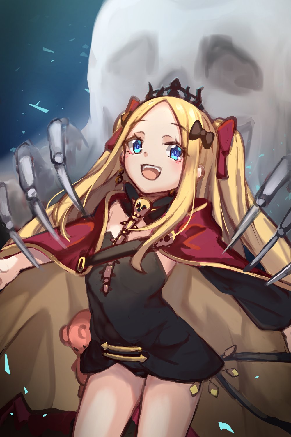 1girl :d abigail_williams_(fate/grand_order) bangs black_bow black_dress black_leotard blonde_hair blue_eyes blush bow breasts brown_cape cape commentary commentary_typo cosplay dress english_commentary ereshkigal_(fate/grand_order) ereshkigal_(fate/grand_order)_(cosplay) eyebrows_visible_through_hair fate/grand_order fate_(series) forehead ghost gold_trim hair_bow highres leotard long_hair long_sleeves looking_at_viewer miya_(miyaruta) multiple_bows open_mouth parted_bangs puffy_long_sleeves puffy_sleeves red_bow red_cape sidelocks single_sleeve skull small_breasts smile solo spine stuffed_animal stuffed_toy teddy_bear thighs tiara two_side_up