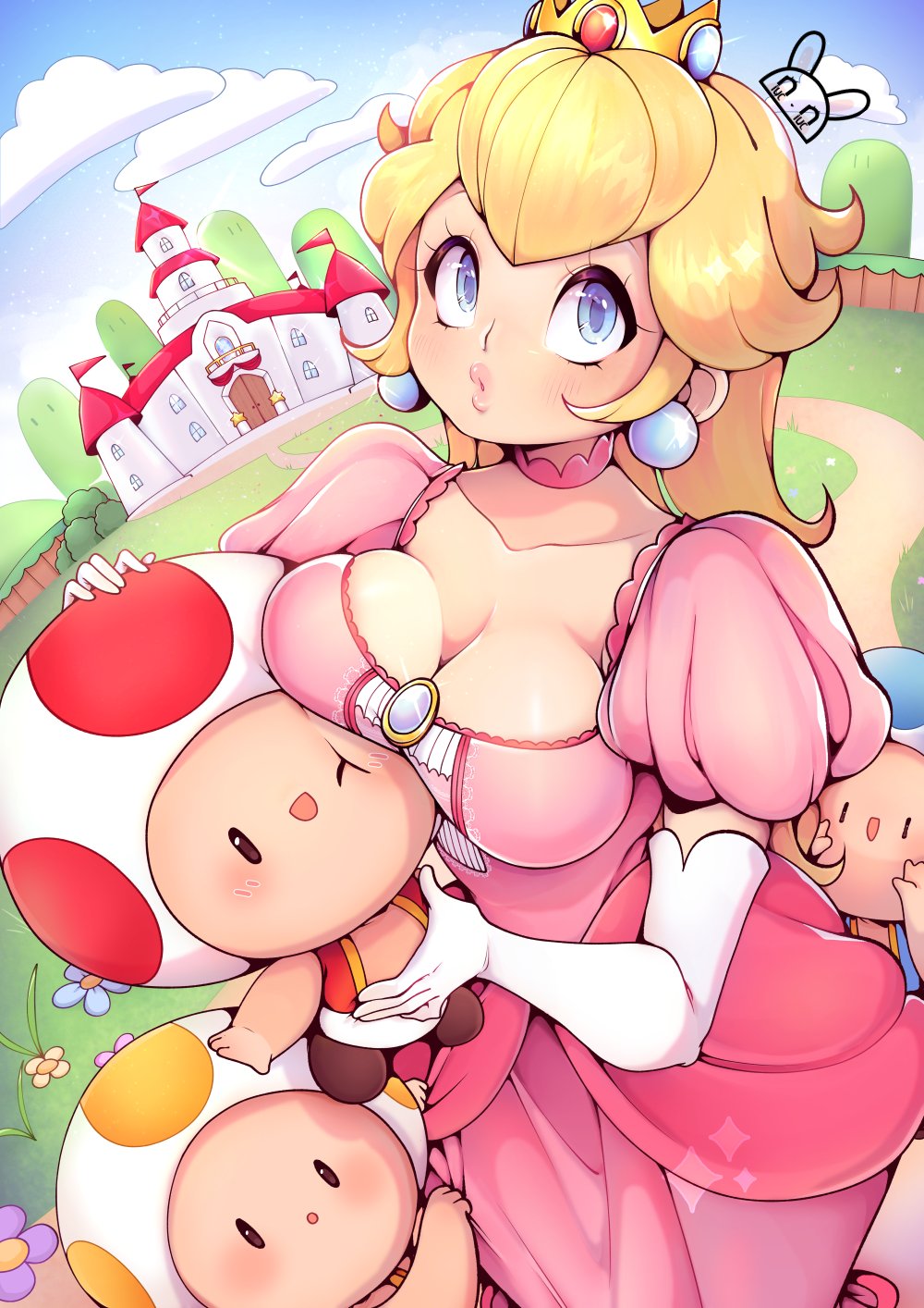 1girl blonde_hair blue_eyes blue_sky breasts castle crown dress elbow_gloves eyelashes gloves highres looking_at_viewer super_mario_bros. medium_breasts mini_crown niucniuc o3o pink_dress princess_peach sky standing toad white_gloves