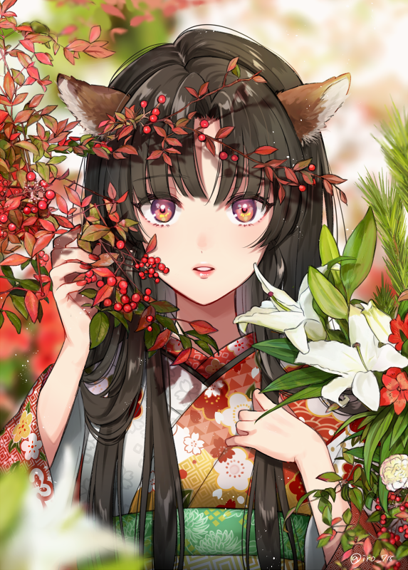 1girl animal_ears bangs black_hair blurry bud depth_of_field floral_print flower food fruit hands_up japanese_clothes kimono lily_(flower) lipstick long_sleeves looking_at_viewer makeup multicolored multicolored_eyes nail_polish new_year obi original parted_lips red_flower red_nails sash tree_branch tyyni upper_body violet_eyes white_flower yellow_eyes