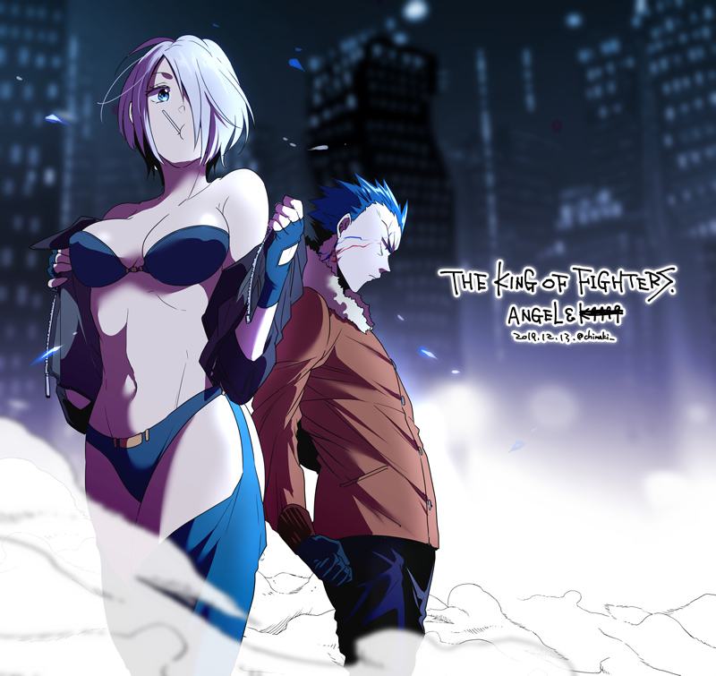 1boy 1girl angel_(kof) blue_hair chaps character_name chimakikamihc copyright_name cropped_jacket hair_over_one_eye k9999 navel short_hair the_king_of_fighters white_hair