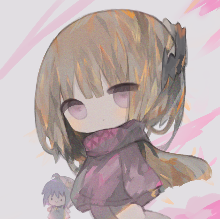 ._. 2girls ahoge bangs blue_hair brown_hair character_request chibi closed_mouth commentary_request cottontailtokki crown grey_background headgear kneeling long_hair long_sleeves looking_at_viewer mini_crown multiple_girls neckerchief purple_hair purple_scarf purple_sweater scarf shadowverse shingeki_no_bahamut sleeves_past_fingers sleeves_past_wrists smile solo_focus spinaria_(shingeki_no_bahamut) sweater tilted_headwear very_long_hair yellow_neckwear