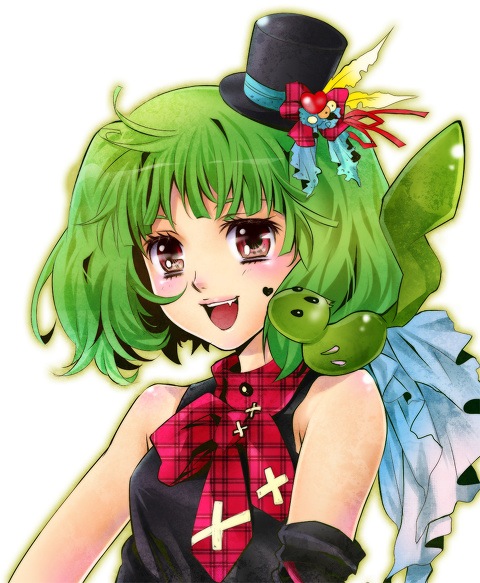 1girl 1other ai-kun brown_eyes fang green_hair halloween hat juri_(flawless2020) looking_at_viewer macross macross_frontier mini_hat open_mouth ranka_lee short_hair solo_focus