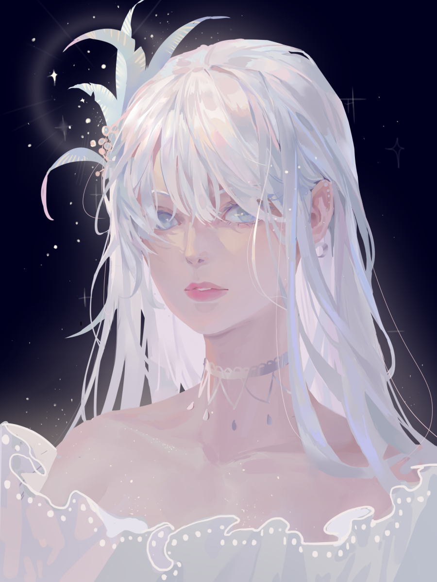 1girl bare_shoulders blue_eyes choker collarbone earrings face feathers frills glowing hair_between_eyes hair_feathers jewelry light_blue_eyes long_hair looking_at_viewer mmmilk original parted_lips pink_lips solo sparkle upper_body white_choker white_hair white_theme