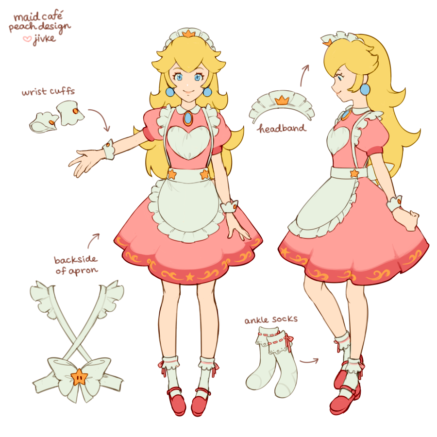 1girl alternate_costume ankle_socks apron back_bow blonde_hair blue_eyes bow crown earrings english_commentary english_text frilled_apron frilled_headband frills headband jewelry jivke looking_at_viewer maid maid_apron maid_dress maid_headdress super_mario_bros. princess_peach reference_sheet simple_background star_(symbol) super_mario_bros. white_background wrist_cuffs