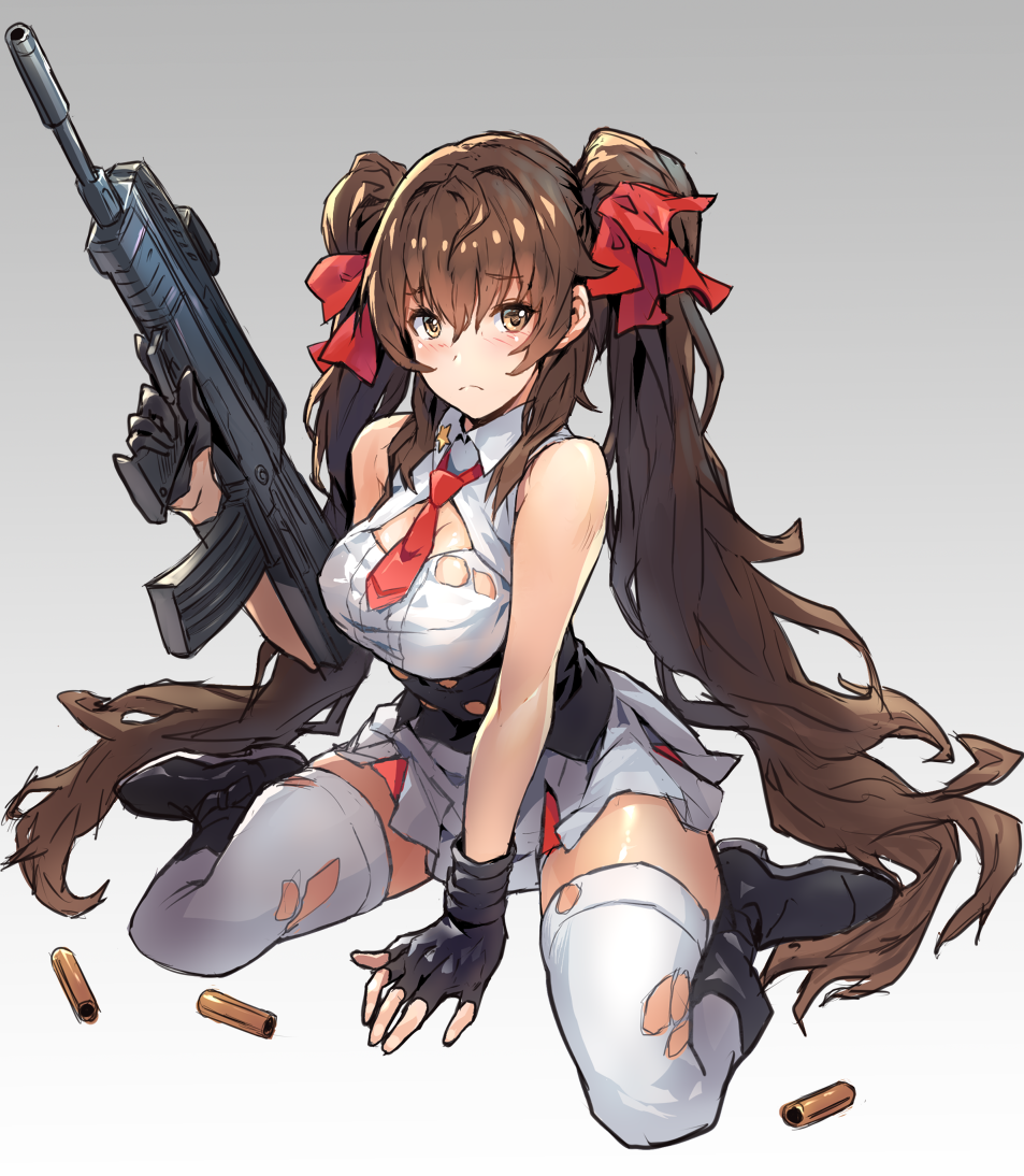 1girl assault_rifle bare_shoulders boots brown_hair bullpup eyebrows_visible_through_hair fingerless_gloves frown girls_frontline gloves gun hair_between_eyes hair_ribbon long_hair looking_at_viewer necktie pleated_skirt qbz-97 qbz-97_(girls_frontline) red_neckwear ribbon rifle shell_casing shirt sitting skirt solo takahito thigh-highs torn_clothes torn_legwear torn_shirt twintails very_long_hair wariza weapon white_legwear white_shirt white_skirt yellow_eyes