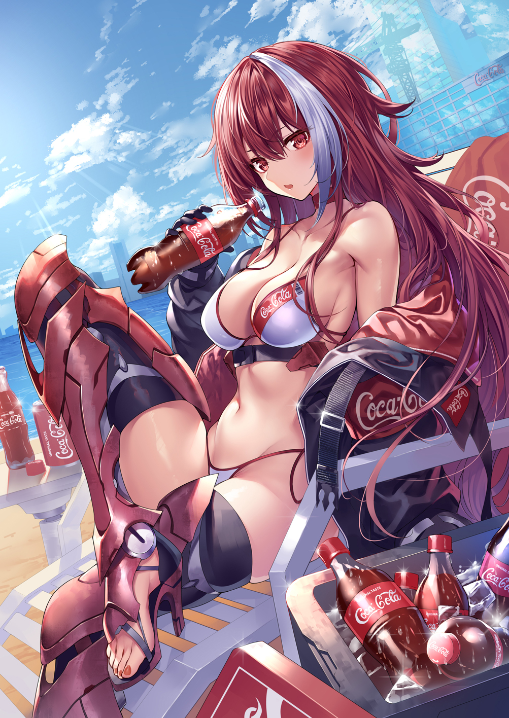1girl bangs bare_shoulders beach blush bottle breasts chair choker coca-cola day gloves greaves heirou high_heels highres holding holding_bottle jacket long_hair looking_at_viewer lounge_chair medium_breasts multicolored_hair navel off_shoulder open_mouth open_toe_shoes original outdoors redhead sidelocks silver_hair sitting skindentation solo stomach streaked_hair string_bikini thighs