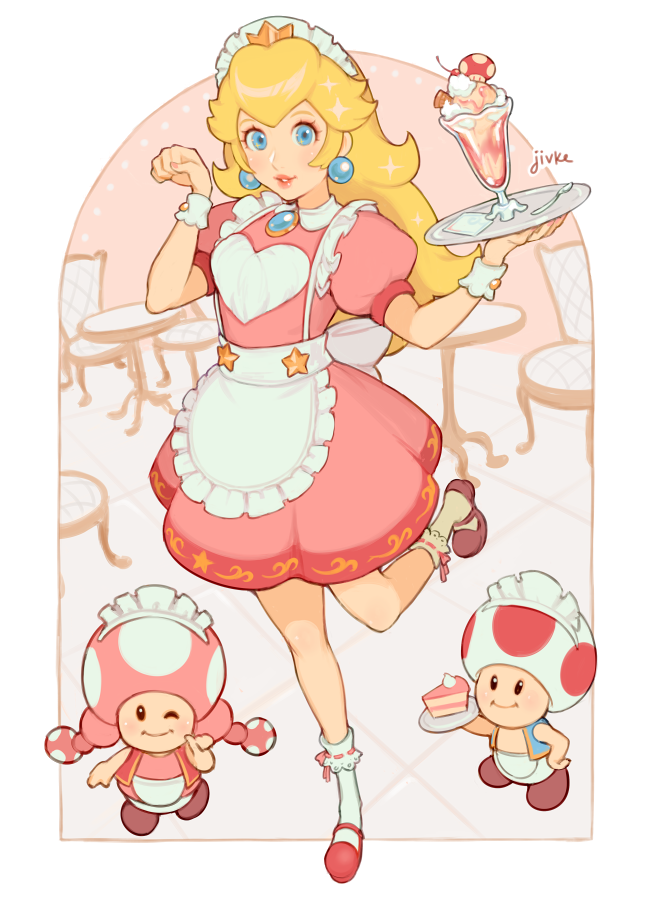 1girl alternate_costume apron back_bow blonde_hair blue_eyes bow cake cake_slice chair clenched_hand clogs dress earrings floor food frilled_apron frills hand_up heart jewelry jivke looking_at_viewer maid maid_apron maid_dress maid_headdress super_mario_bros. milkshake one_eye_closed princess_peach socks spoon star_(symbol) super_mario_bros. table tile_floor tiles toad toadette tray wrist_cuffs