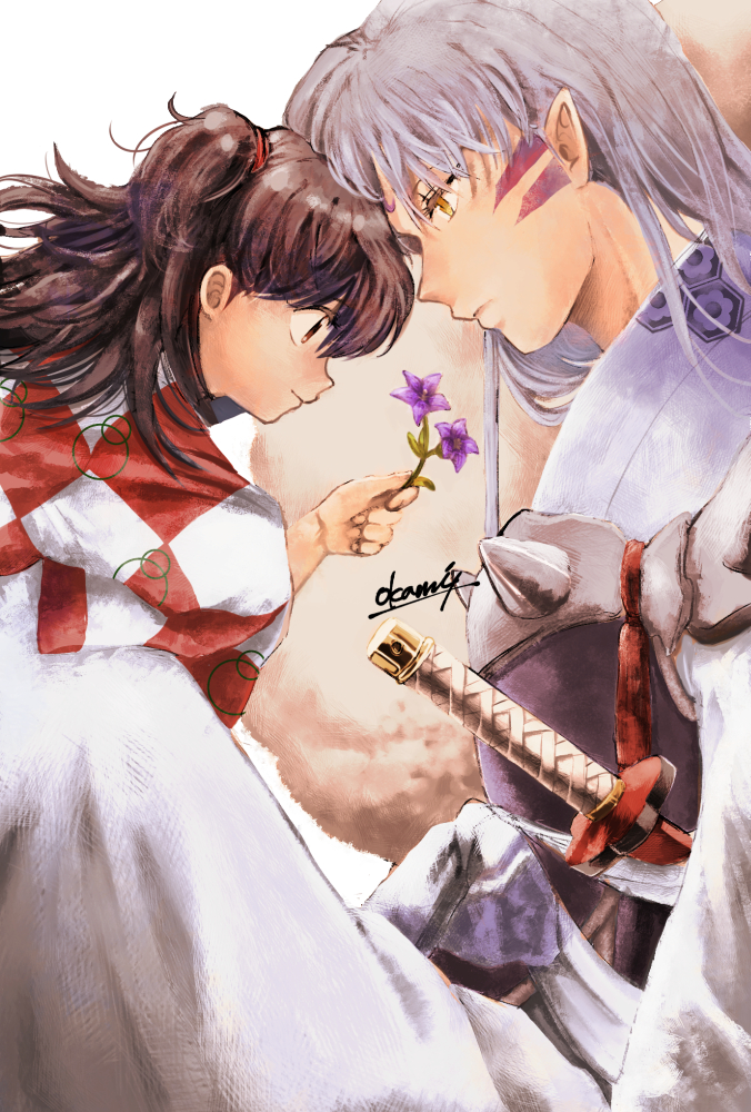 1boy 1girl age_difference armor bangs brown_eyes brown_hair checkered child closed_mouth facial_mark flower forehead-to-forehead forehead_mark from_side fur giving grey_hair holding holding_flower inuyasha japanese_clothes kimono long_hair long_sleeves looking_at_another one_side_up pointy_ears profile purple_flower rin_(inuyasha) sesshoumaru signature sitting squatting sword tondamanuke weapon white_background yellow_eyes