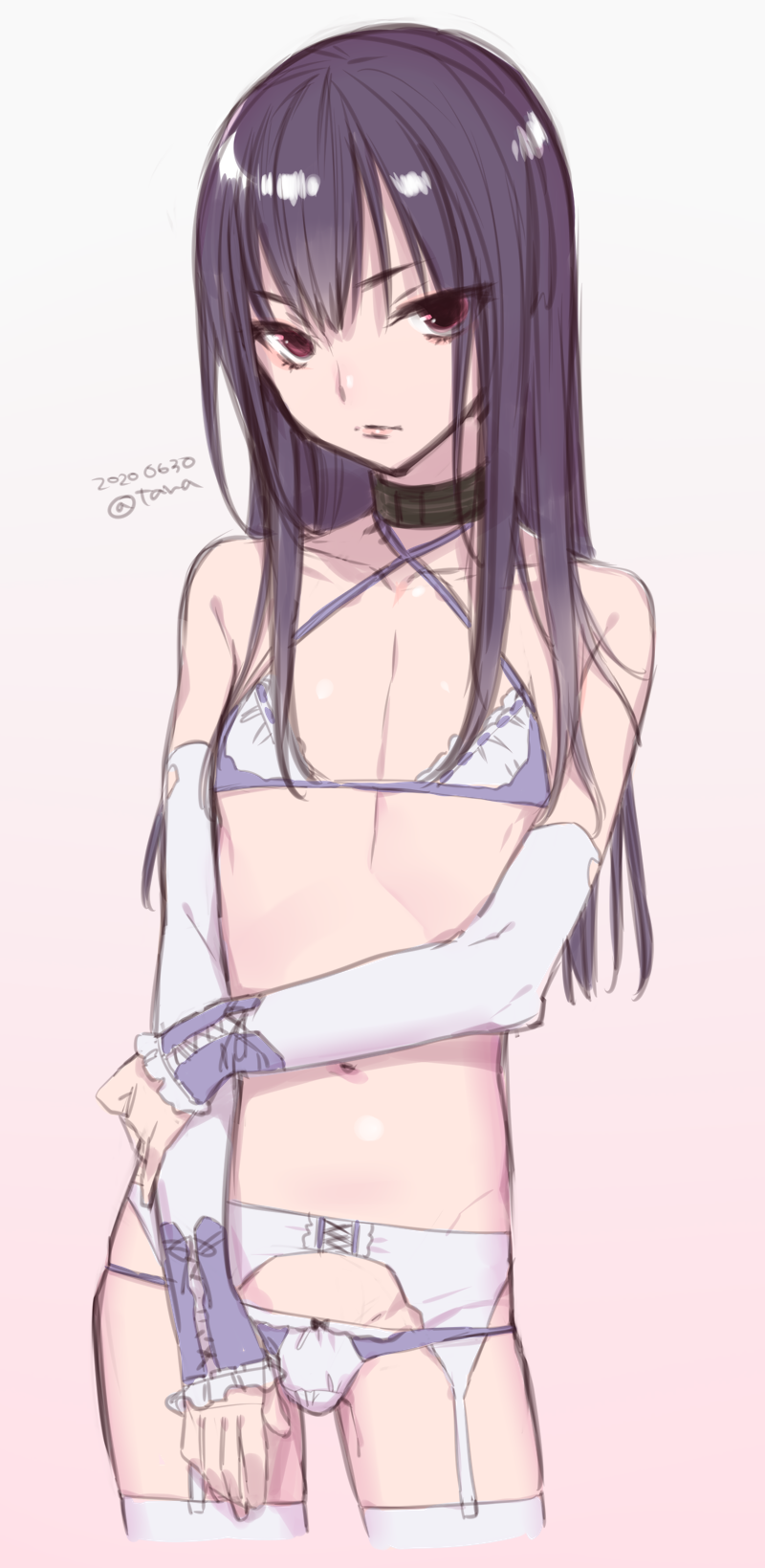 1boy black_hair bra choker crossdressinging detached_sleeves garter_belt garter_straps gradient gradient_background highres long_hair looking_at_viewer male_focus navel original otoko_no_ko panties solo tawapo underwear violet_eyes white_bra white_panties