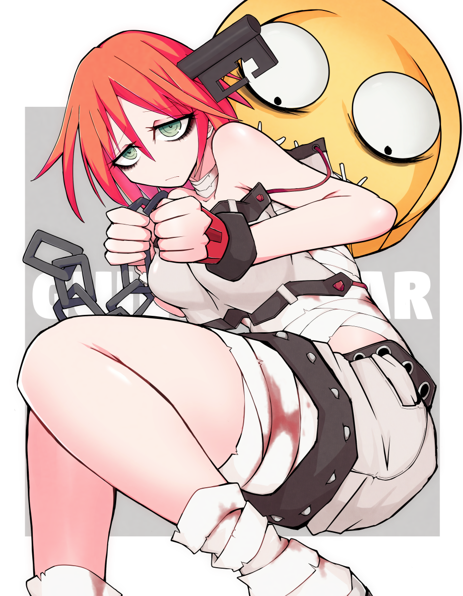 1girl a.b.a bandages chain green_eyes guilty_gear guilty_gear_xx highres key key_in_head paracelsus redhead short_hair tettsui_kusuru