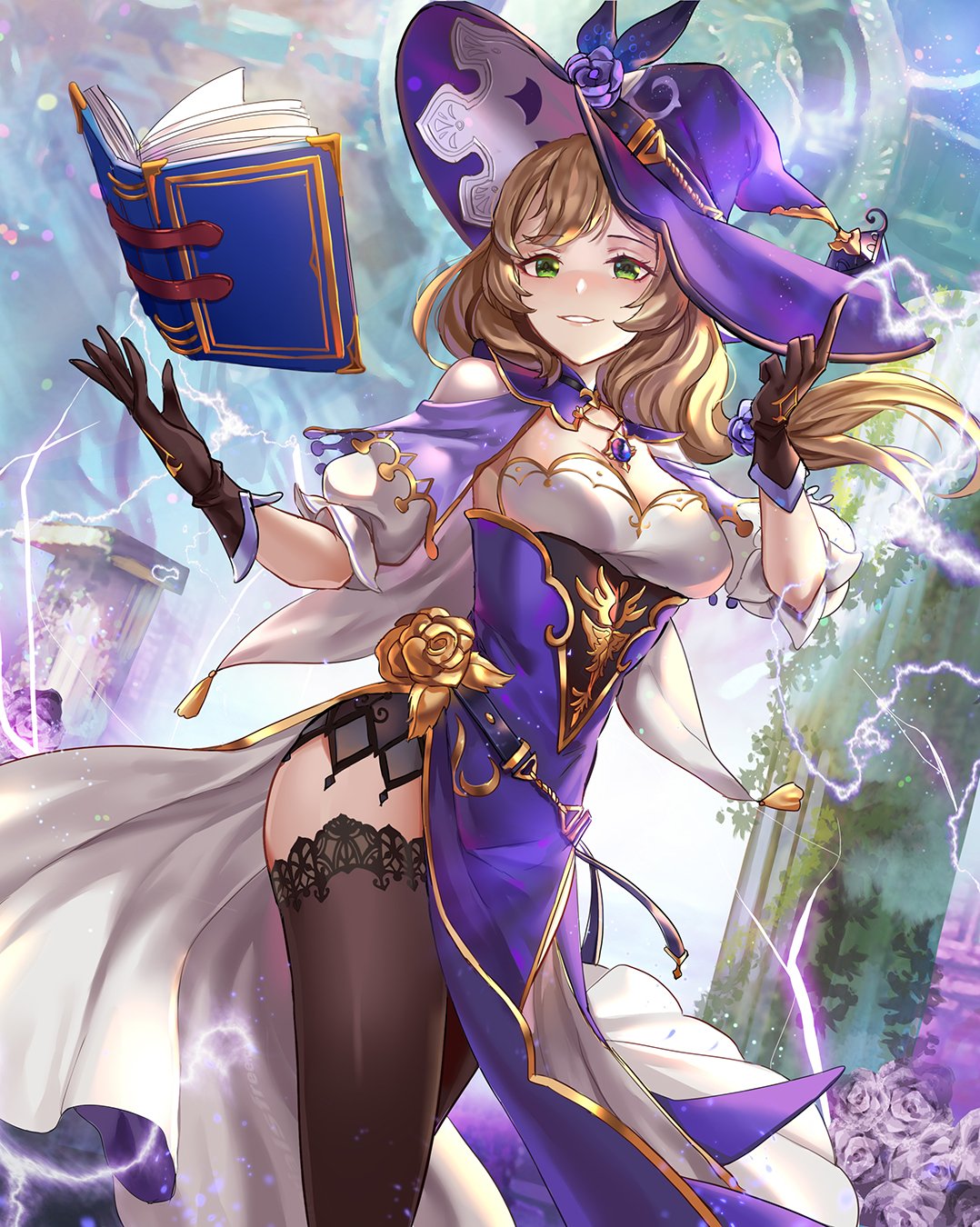 1girl artist_request black_gloves black_legwear blush book breasts brown_hair dress electricity genshin_impact gloves green_eyes hat hat_belt highres lightning lisa_(genshin_impact) long_hair looking_at_viewer mage multicolored multicolored_clothes multicolored_dress smile solo thigh-highs witch witch_hat