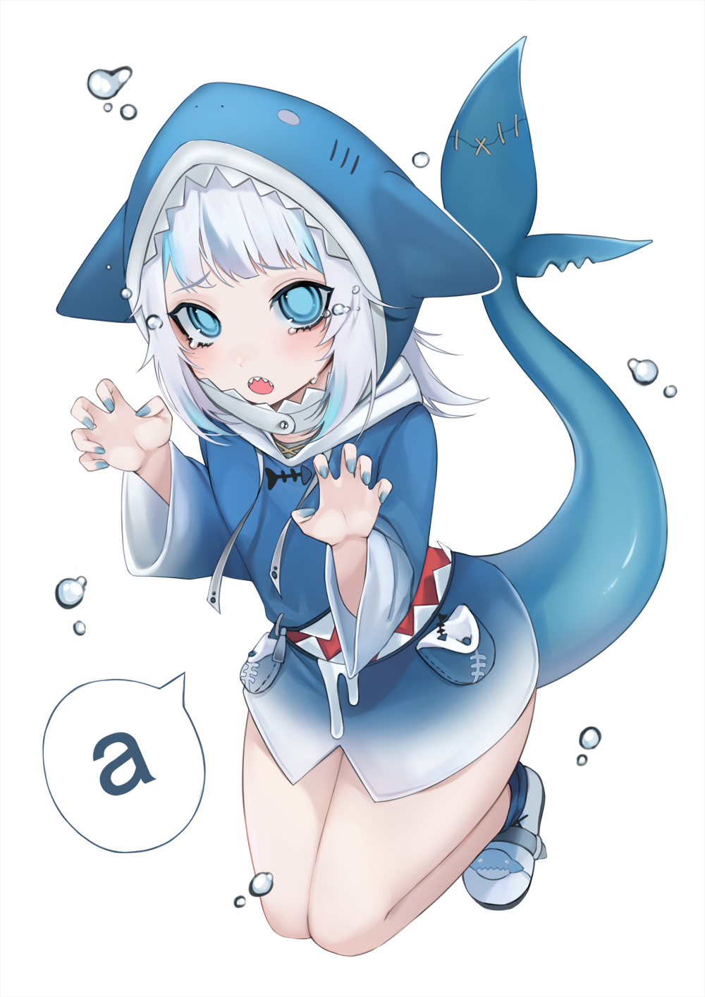 1girl air_bubble animal_hood bangs blue_eyes blue_hair blue_hoodie blue_nails blush bubble catchphrase claw_pose commentary full_body gawr_gura hands_up highres hololive hololive_english hood hood_up kneeling legs_together long_hair long_sleeves looking_at_viewer multicolored_hair nail_polish ompf open_mouth shark_girl shark_hood shark_tail sharp_teeth shoes simple_background solo speech_bubble streaked_hair tail tears teeth virtual_youtuber white_background white_hair