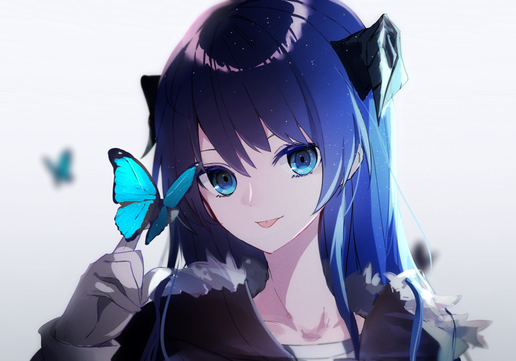 1girl :p a.a_(aa772) animal arknights blue_eyes blue_hair blurry blurry_background bug butterfly closed_mouth collarbone commentary_request curled_horns depth_of_field fur_trim gloves gradient gradient_background gradient_hair grey_background grey_gloves hand_up horns insect long_hair long_sleeves looking_at_viewer mostima_(arknights) multicolored_hair portrait purple_hair smile solo tongue tongue_out