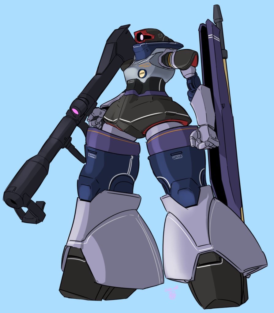 bazooka_(gundam) blue_background clenched_hand dom gun gundam holding holding_gun holding_weapon looking_ahead mecha mobile_suit_gundam moi_moi7 one-eyed redesign solo weapon zeon