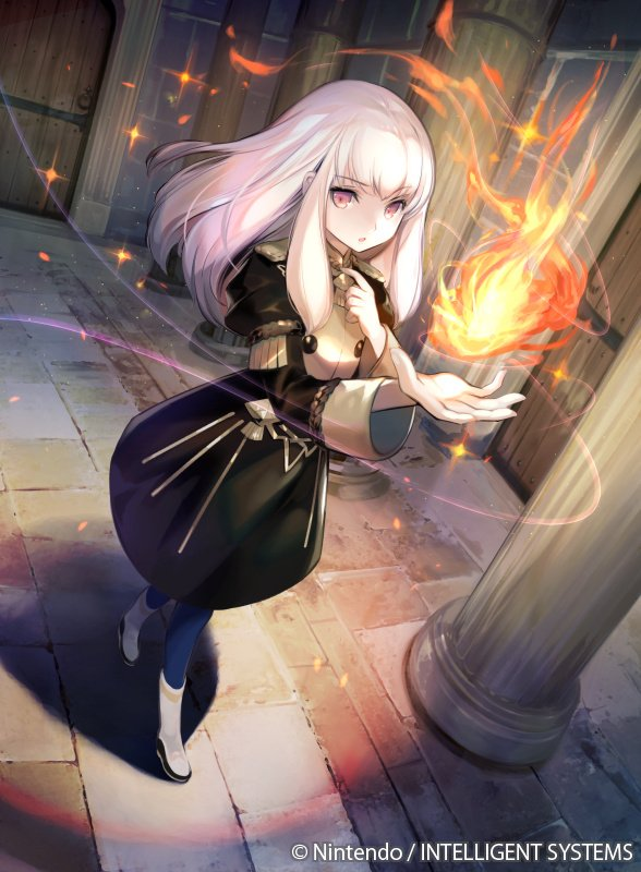 1girl albino bangs boots door dress eyebrows_visible_through_hair fire fire_emblem fire_emblem:_three_houses fire_emblem_cipher garreg_mach_monastery_uniform illumination indoors kawasumi_mahiro leggings lysithea_von_ordelia magic official_art open_mouth pillar pink_eyes skirt white_hair