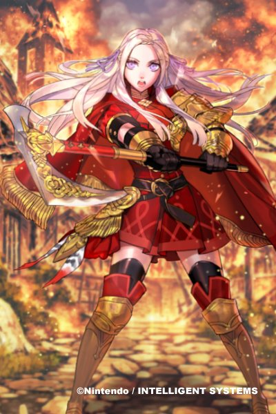 1girl armored_boots axe bangs blue_eyes blue_ribbon boots breastplate cape dress edelgard_von_hresvelg fire fire_emblem fire_emblem:_three_houses fire_emblem_cipher gauntlets holding holding_weapon kurahana_chinatsu official_art outdoors parted_bangs red_cape red_dress ribbon ruins short_dress thigh-highs thigh_boots town weapon white_hair