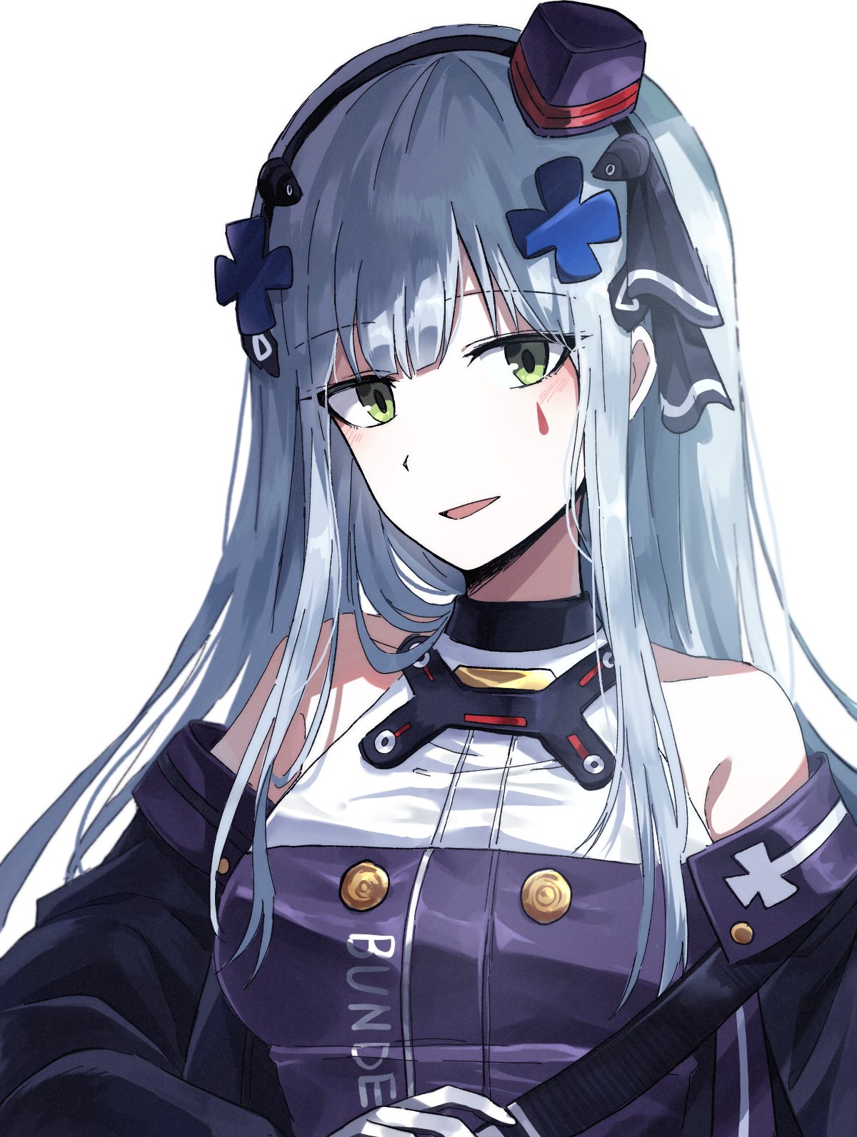 1girl bangs beret breasts eyebrows_visible_through_hair facial_mark girls_frontline gloves green_eyes hair_ornament hat highres hk416_(girls_frontline) jacket lix long_hair looking_at_viewer silver_hair solo teardrop