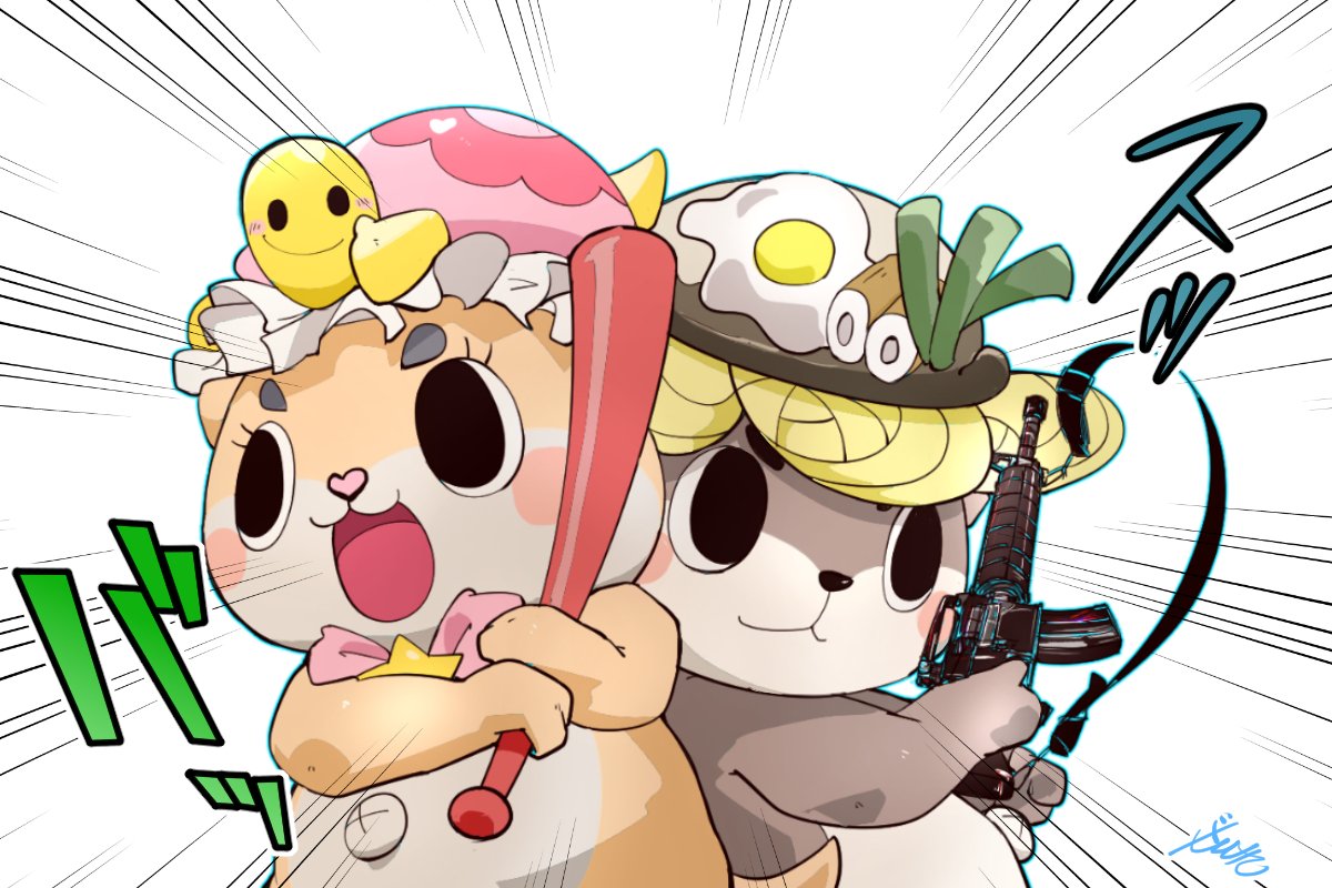 1boy 1other :3 :d animal_ears animal_on_head back-to-back baseball_bat black_eyes blush_stickers bow bowtie brown_fur chiitan commentary_request egg emphasis_lines fighting_stance food food_on_head fried_egg gun heart holding holding_gun holding_weapon looking_away looking_to_the_side mascot object_on_head on_head open_mouth otter otter_ears otter_tail pink_bow shinjou-kun short_eyebrows signature simple_background smile sound_effects tail thick_eyebrows thumbs_up translation_request turtle turtle_shell v-shaped_eyebrows weapon weapon_request white_background x_navel yuru-chara zenki_(zenki1118)