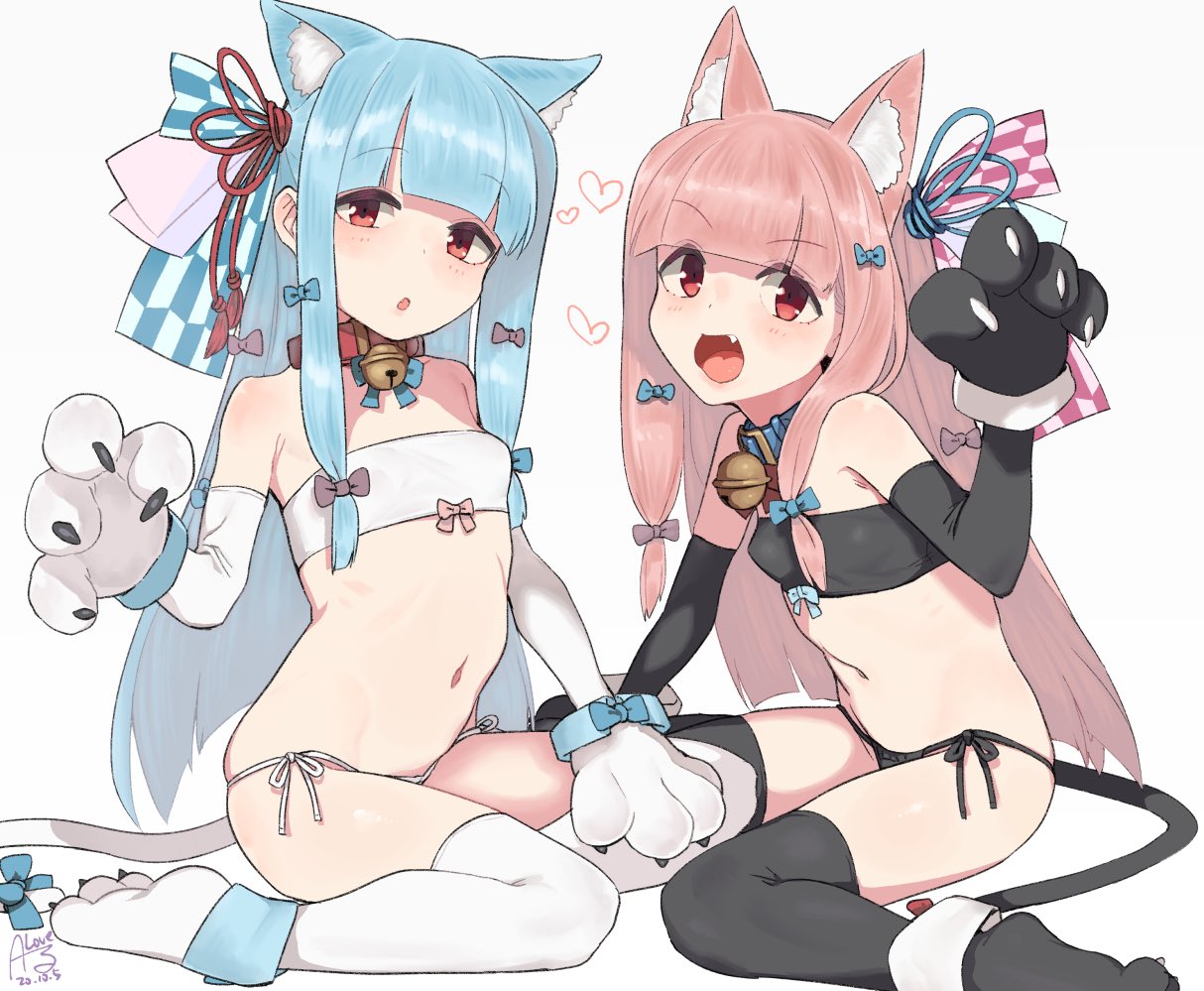 2girls alternate_costume animal_ear_fluff animal_ears aqua_hair bangs bell bell_collar black_gloves black_legwear black_panties blunt_bangs blush bow breasts cat_ears cat_tail collar dated elbow_gloves eyebrows_visible_through_hair fang gloves hair_bow hair_ornament hair_ribbon heart kotonoha_akane kotonoha_aoi long_hair multiple_girls open_mouth panties paw_gloves paw_pose paw_shoes paws pink_hair ribbon rkrk shoes side-tie_panties sidelocks signature simple_background sitting small_breasts strapless tail thigh-highs tubetop underwear voiceroid white_background white_gloves white_legwear