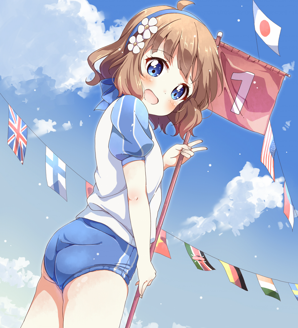 1girl american_flag ass bangs blue_buruma blue_eyes blue_ribbon blue_sky brown_hair buruma clouds cloudy_sky commentary_request cowboy_shot day double_vertical_stripe dutch_angle finnish_flag flag flower from_behind german_flag gym_shirt gym_uniform hair_flower hair_ornament hair_ribbon holding holding_flag idolmaster idolmaster_million_live! italian_flag japanese_flag long_hair looking_at_viewer looking_back open_mouth outdoors puffy_short_sleeves puffy_sleeves ribbon shirt short_hair short_sleeves sky smile solo sports_festival standing string_of_flags suou_momoko toma_(shinozaki) union_jack v white_flower white_shirt