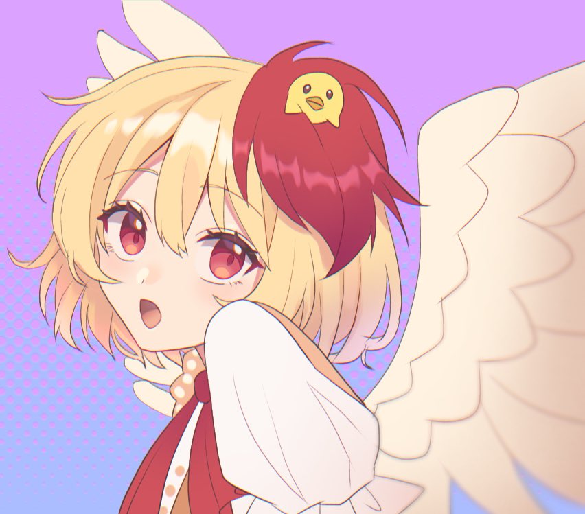 animal animal_on_head bird bird_on_head bird_wings blonde_hair brown_dress chick chicken dress eyebrows_visible_through_hair eyelashes feathered_wings gradient gradient_background kirarin_514 multicolored_hair niwatari_kutaka on_head open_mouth orange_dress puffy_short_sleeves puffy_sleeves red_eyes redhead short_sleeves touhou two-tone_hair wings yellow_wings