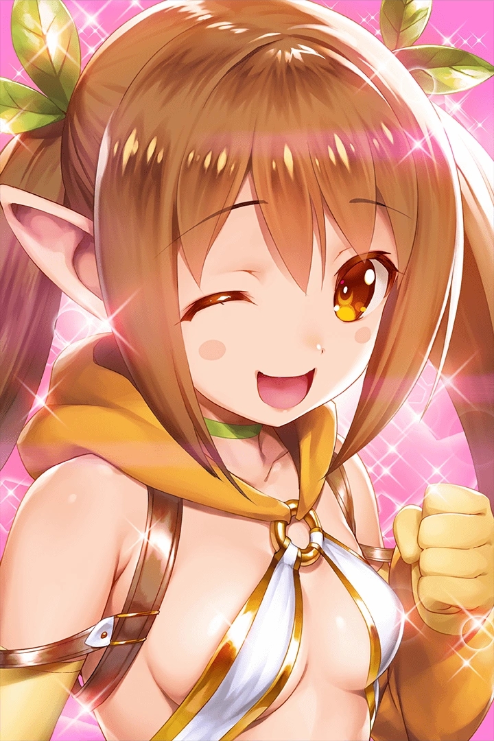 1girl bare_shoulders belt blush breasts brown_eyes brown_hair choker detached_sleeves elf eyebrows_visible_through_hair gloves hair_ribbon hood long_hair looking_at_viewer nowa nowa_(queen's_blade_unlimited) o-ring o-ring_top official_art one_eye_closed oosaki_shin'ya open_mouth pointy_ears queen's_blade queen's_blade_unlimited queen's_blade_white_triangle revealing_clothes ribbon small_breasts smile solo twintails upper_body very_long_hair yellow_gloves
