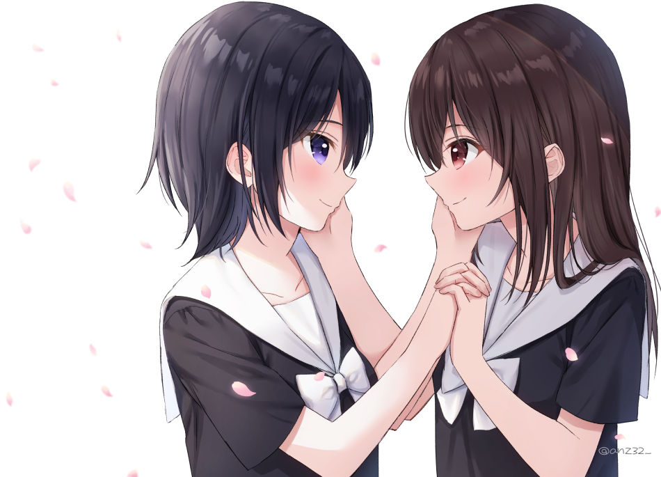 2girls anz32 bangs black_hair black_shirt blue_eyes blush bow brown_eyes brown_hair closed_mouth commentary_request eye_contact eyebrows_visible_through_hair from_side hair_between_eyes hand_on_another's_face hand_up holding_hands interlocked_fingers long_hair looking_at_another multiple_girls original petals profile sailor_collar school_uniform serafuku shirt simple_background smile twitter_username upper_body white_background white_bow white_sailor_collar yuri