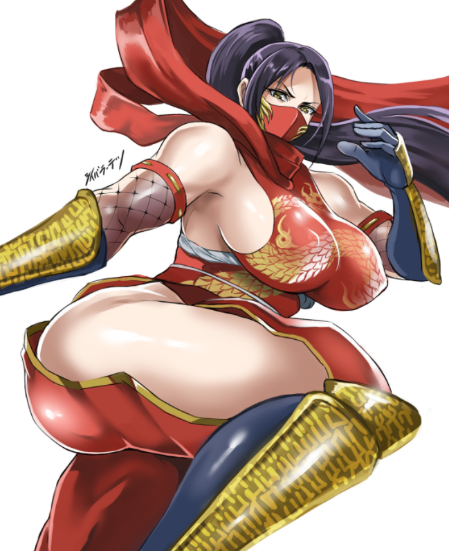 1girl black_hair breasts commission dragon_yukano from_side large_breasts looking_at_viewer looking_down ninja ninja_slayer ponytail shibusun skeb_commission solo thick_thighs thighs white_background yellow_eyes