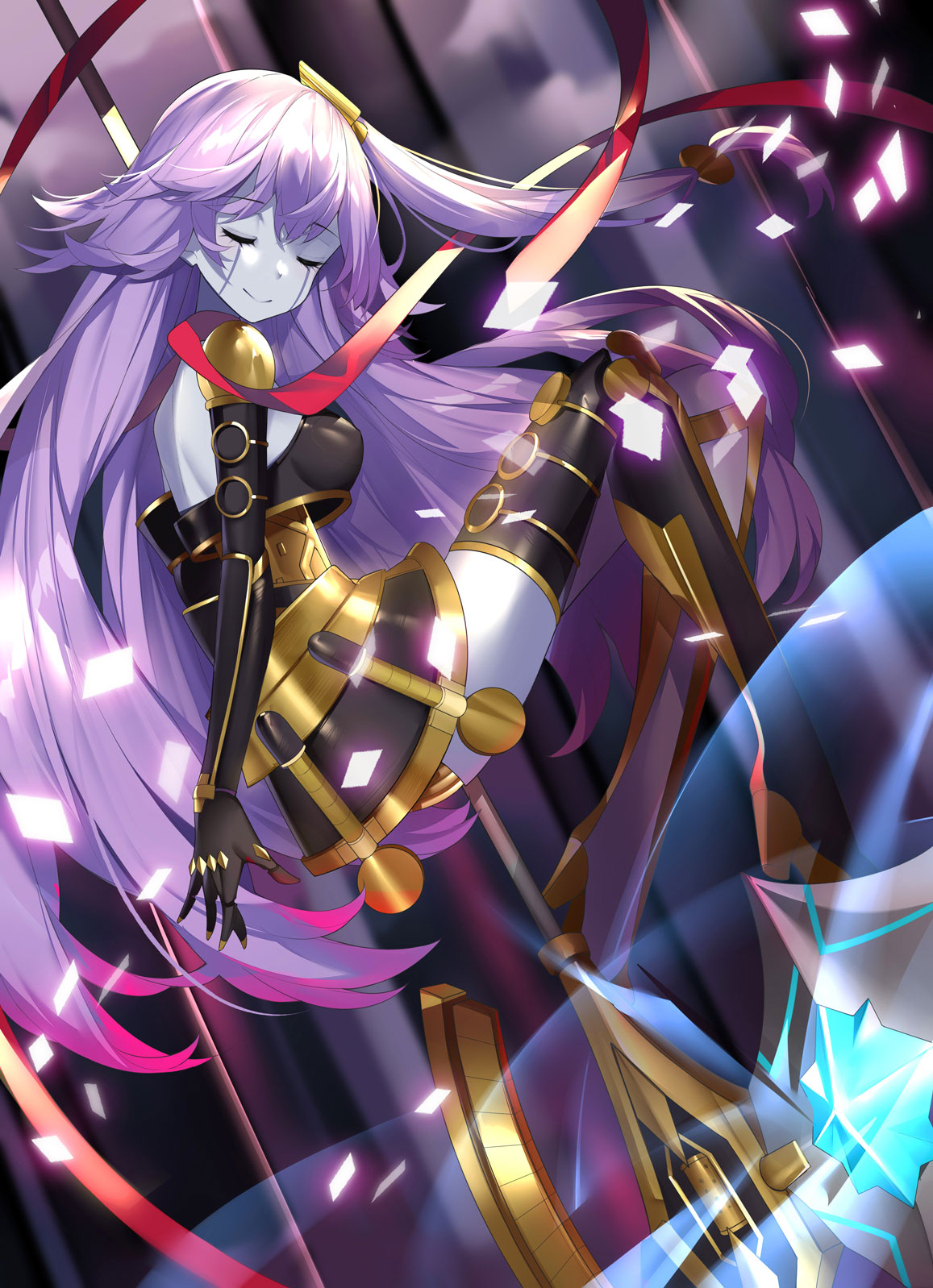 1girl android bangs breasts closed_eyes closed_mouth duel_monster eyebrows_visible_through_hair full_body galatea_(yuu-gi-ou) gloves glowing glowing_weapon gold_trim gradient_hair hair_ornament highres holding holding_weapon joints kikistark long_hair mechanical_parts multicolored_hair pink_hair purple_hair robot_joints skirt solo thigh-highs weapon yu-gi-oh! zettai_ryouiki