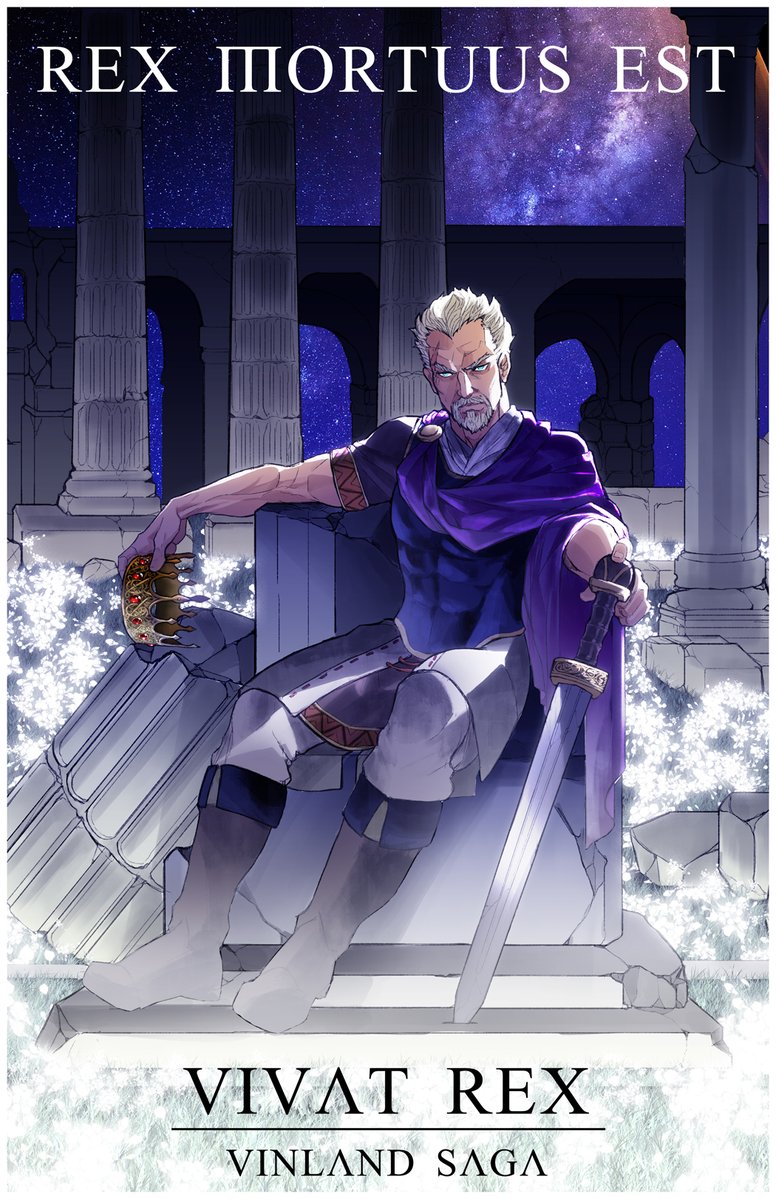 1boy askeladd blue_eyes boots cape column copyright_name crown facial_hair facial_scar full_body goatee grass holding kiarou latin_text looking_at_viewer night pants pillar plant purple_cape ruins scar shirt sitting sky solo star_(sky) starry_sky sword vinland_saga weapon