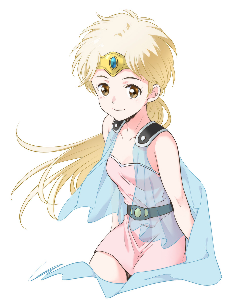 1980s_(style) 1girl agahari belt blonde_hair blush breasts brown_eyes cape collarbone cowboy_shot dragon_quest dragon_quest_dai_no_daibouken dress highres leaning_forward light_smile looking_at_viewer looking_to_the_side low_ponytail oldschool pink_dress ponytail princess_leona see-through simple_background small_breasts solo tiara white_background