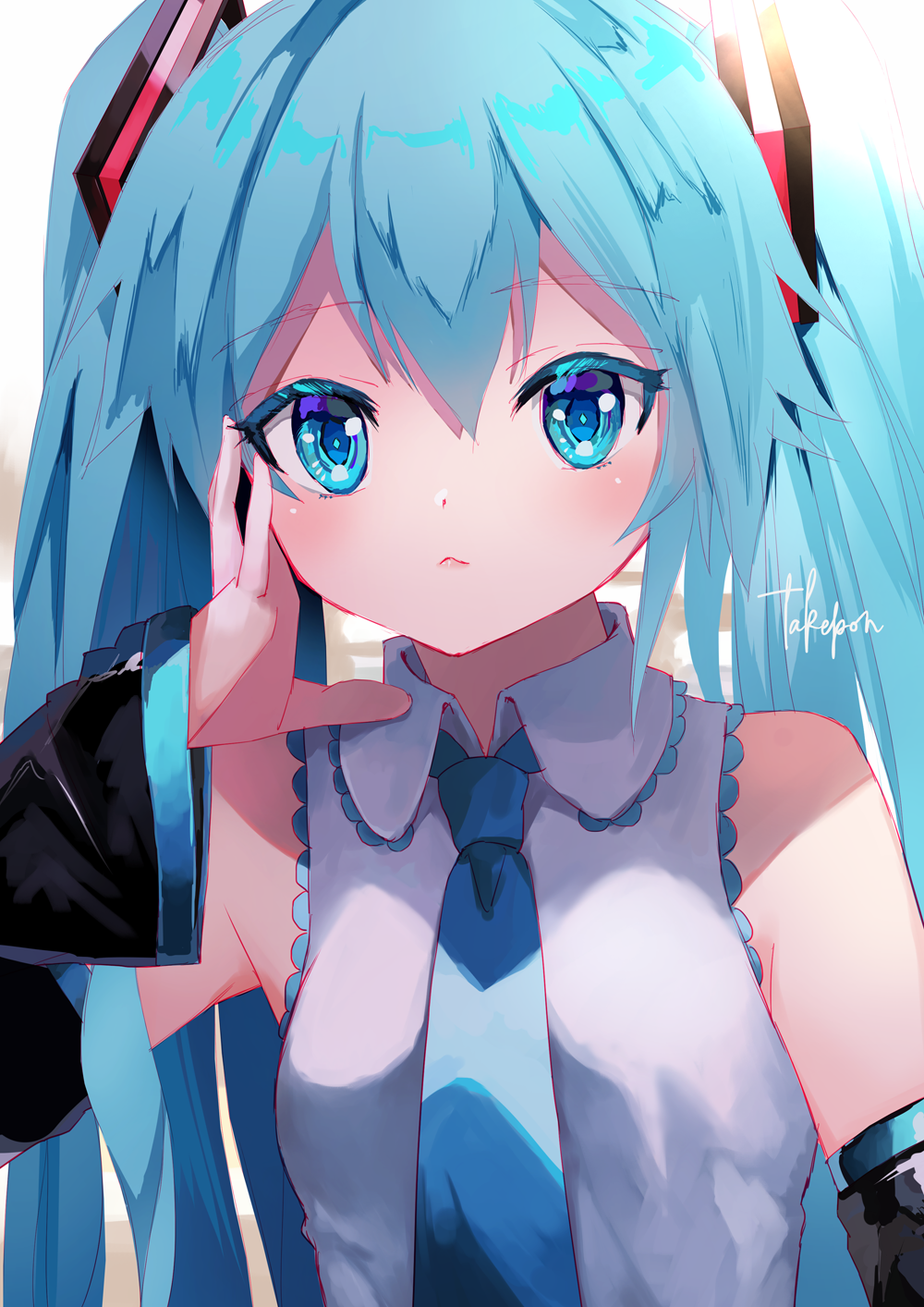 1girl :&lt; aqua_eyes aqua_hair aqua_neckwear bare_shoulders black_sleeves commentary detached_sleeves grey_shirt hair_ornament hand_on_own_head hatsune_miku head_rest highres long_hair looking_at_viewer necktie shirt signature sleeveless sleeveless_shirt solo takepon1123 twintails upper_body very_long_hair vocaloid