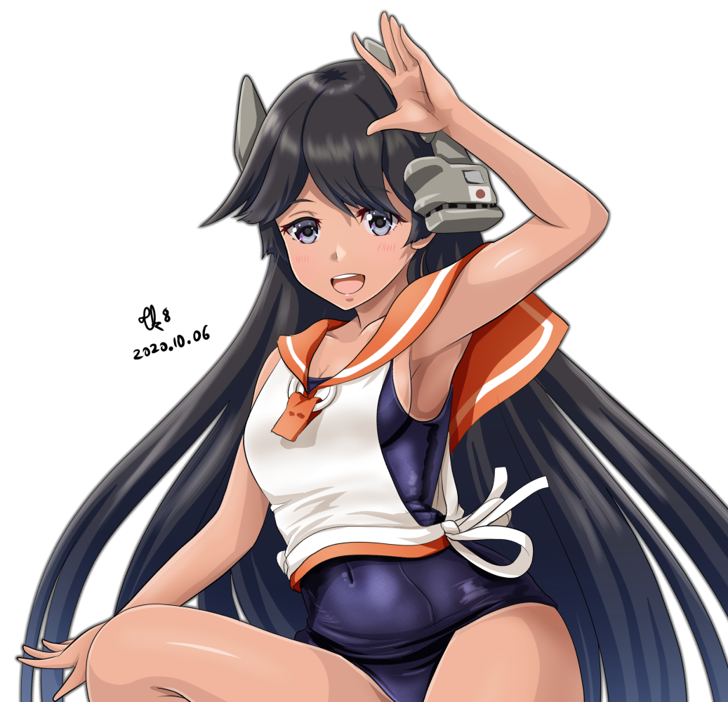 1girl blue_swimsuit cowboy_shot dated headgear i-400_(kantai_collection) kantai_collection looking_at_viewer one-piece_tan open_mouth orange_sailor_collar sailor_collar sailor_shirt salute school_swimsuit shirt side-tie_shirt signature simple_background sleeveless sleeveless_shirt smile solo swimsuit swimsuit_under_clothes tan tanline tk8d32 upper_teeth white_background