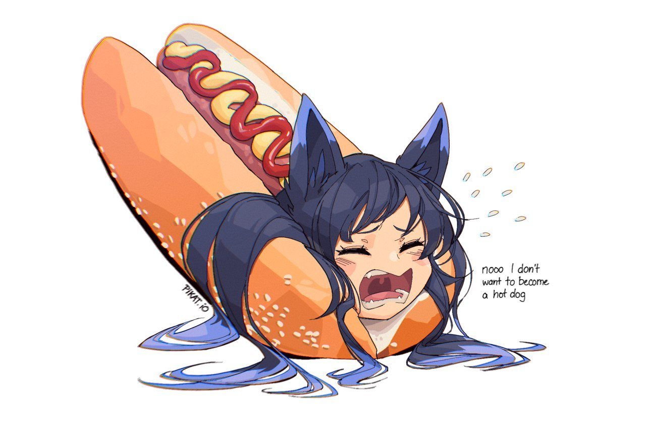 1girl animal_ear_fluff animal_ears closed_eyes commentary commission commissioner_insert crying d: english_commentary fangs flying_sweatdrops fox_ears hot_dog hot_dog_bun i_don't_want_to_be_bread ketchup long_hair meme multicolored_hair mustard open_mouth original pikat purple_hair second-party_source sesame_seeds signature simple_background solo two-tone_hair white_background