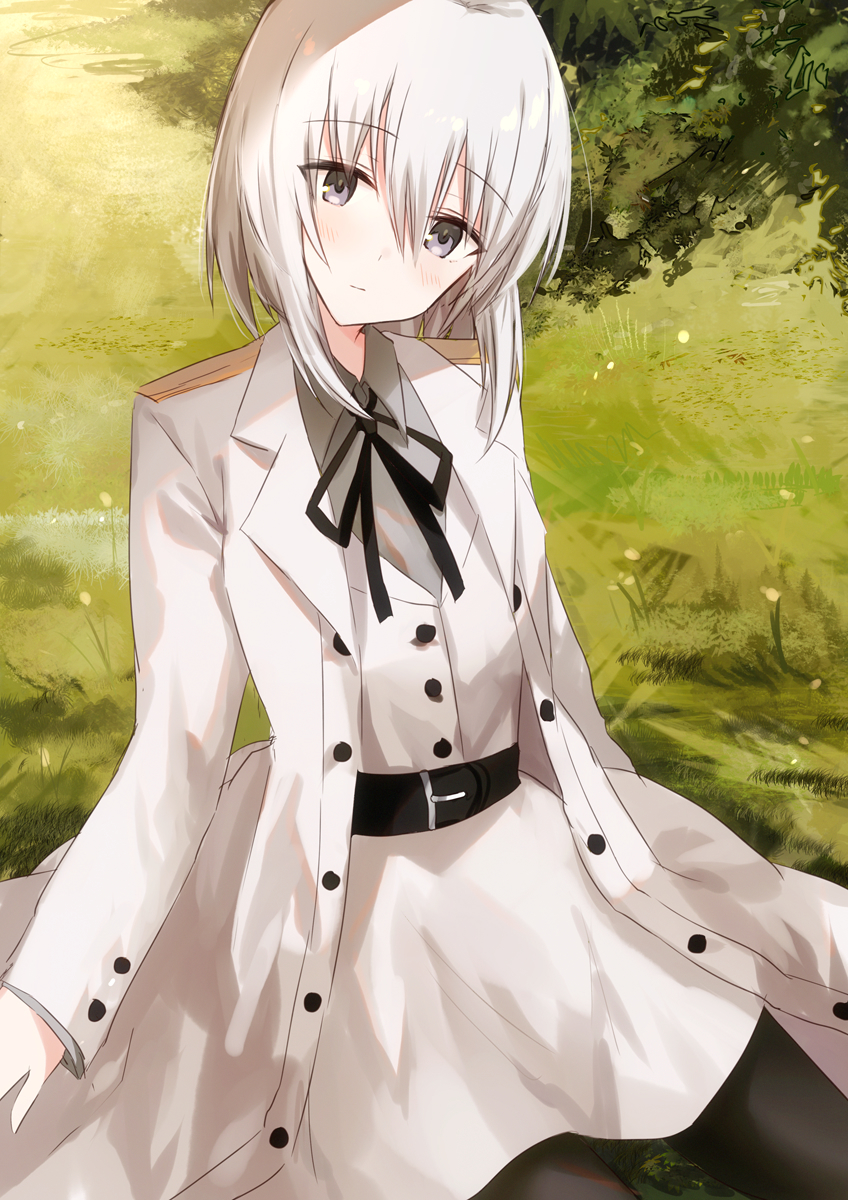 bangs belt belt_buckle black_belt black_legwear black_ribbon blush borrowed_character buckle character_request closed_mouth collared_shirt day eyebrows_visible_through_hair grey_eyes grey_hair grey_shirt hair_between_eyes head_tilt highres jacket kinona long_sleeves looking_at_viewer neck_ribbon on_grass open_clothes open_jacket original outdoors pantyhose ribbon shirt sitting skirt sleeves_past_wrists vest white_jacket white_skirt white_vest