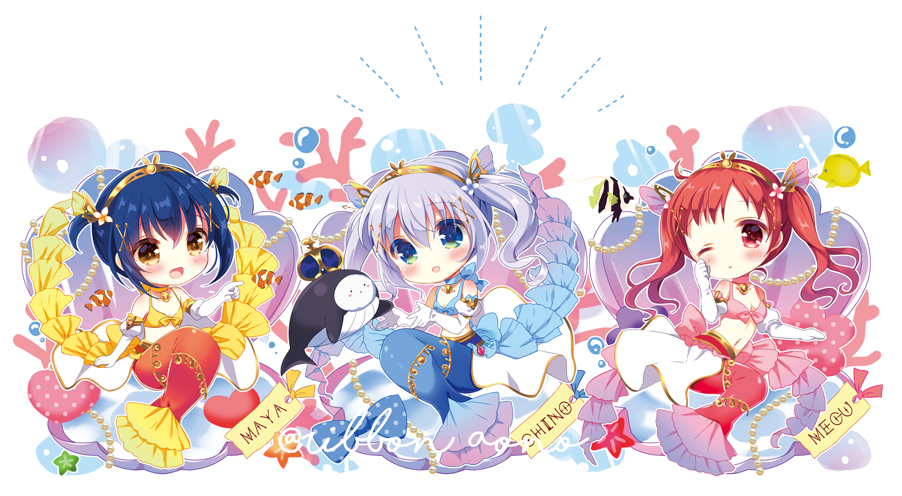 3girls :d ;o animal aono_ribbon bare_shoulders bikini blue_bikini blue_eyes blue_hair blush bow bow_bikini brown_eyes character_name chimame-tai clownfish coral crown elbow_gloves gloves gochuumon_wa_usagi_desu_ka? hand_up jouga_maya kafuu_chino long_hair mermaid mini_crown monster_girl monsterification multiple_girls natsu_megumi one_eye_closed open_mouth parted_lips pink_bikini red_eyes redhead smile starfish swimsuit tippy_(gochiusa) twintails white_background white_gloves yellow_bikini