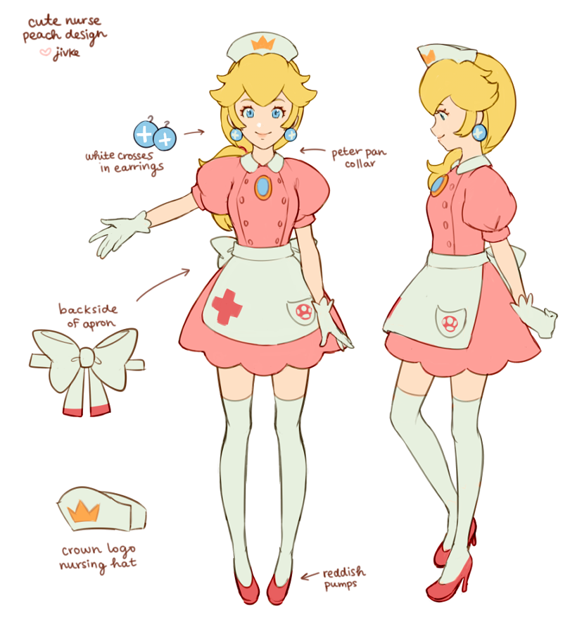 1girl alternate_costume alternate_hairstyle blonde_hair blue_eyes bow buttons cross crown earrings english_text gem gloves high_heels jewelry jivke looking_at_viewer looking_to_the_side super_mario_bros. peter_pan_collar ponytail princess_peach simple_background skirt super_smash_bros. thigh-highs white_background