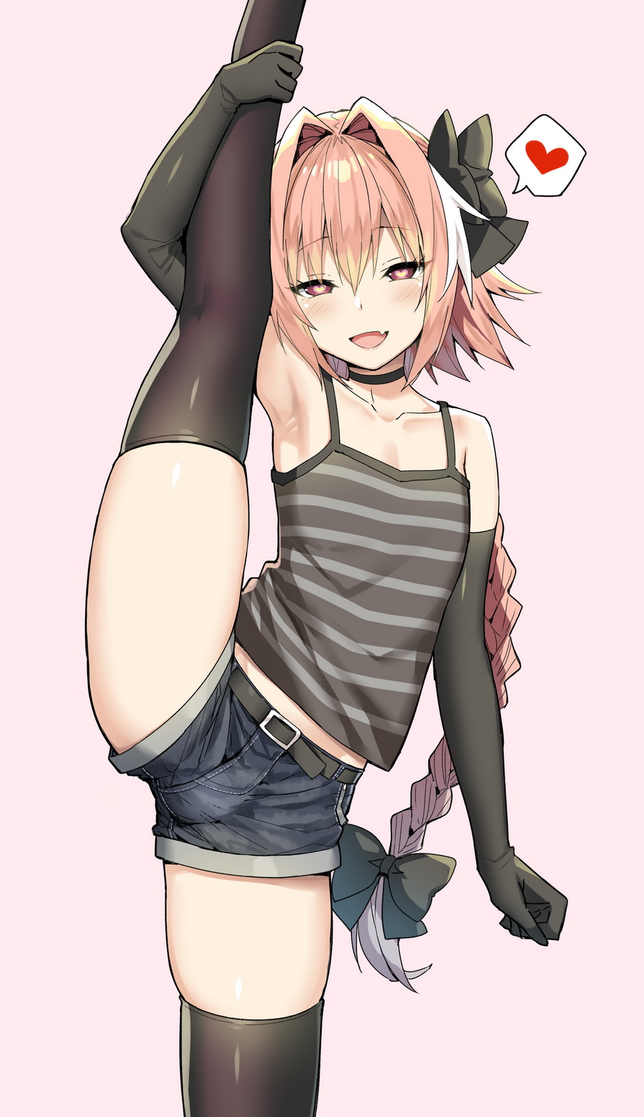 1boy astolfo_(fate) bangs belt black_bow black_gloves black_legwear blush bow braid choker elbow_gloves fang fate/apocrypha fate_(series) gloves grey_camisole hair_bow hair_intakes hand_up heart heart-shaped_pupils highres leg_lift leg_up long_braid long_hair looking_at_viewer multicolored_hair open_mouth otoko_no_ko pink_background pink_hair red_eyes short_shorts shorts simple_background single_braid skin_fang sky_(freedom) smile split spoken_heart standing standing_on_one_leg standing_split streaked_hair symbol-shaped_pupils thigh-highs two-tone_hair white_hair