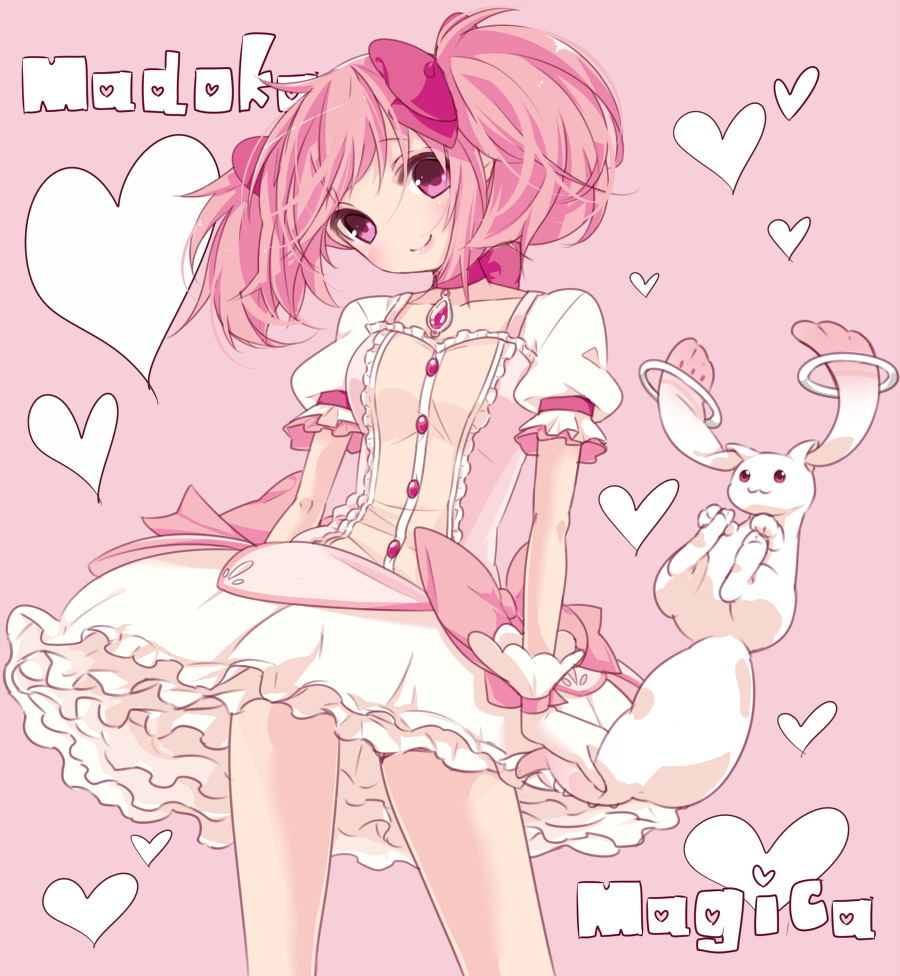 1girl arms_at_sides bare_legs breasts bubble_skirt buttons choker closed_mouth collarbone contrapposto copyright_name cowboy_shot creature eyebrows_visible_through_hair frilled_skirt frilled_sleeves frills gloves hair_ribbon happy head_tilt heart heart_background jumping kaname_madoka kyubey lips looking_at_viewer mahou_shoujo_madoka_magica medium_breasts no_nose pink_background pink_choker pink_eyes pink_hair pink_neckwear pink_ribbon pink_theme puffy_short_sleeves puffy_sleeves ribbon ribbon_choker shiny shiny_hair shiny_skin short_sleeves short_twintails simple_background skirt smile solo soul_gem tail tail_grab tama_(nezumi) tareme twintails white_gloves white_skirt