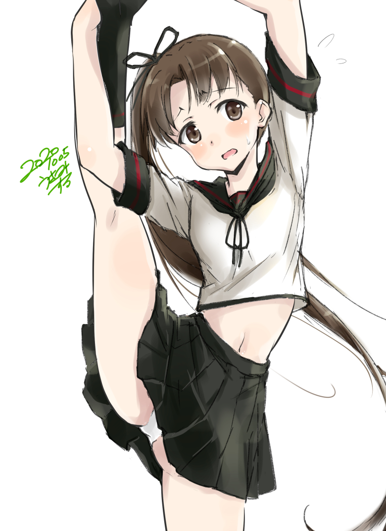1girl ayanami_(kantai_collection) black_sailor_collar black_skirt brown_eyes brown_hair commentary_request dated kantai_collection long_hair looking_at_viewer navel panties pantyshot pleated_skirt remodel_(kantai_collection) sailor_collar school_uniform serafuku side_ponytail signature simple_background skirt solo split standing standing_on_one_leg standing_split underwear usami_(50-point_caliper) white_background white_panties