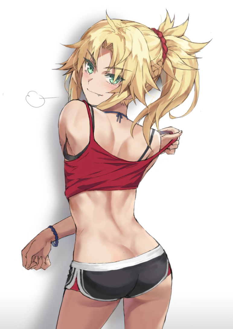 1girl ass back bangs bare_shoulders black_shorts blonde_hair blush braid breasts camisole closed_mouth commentary dolphin_shorts fang fate/apocrypha fate_(series) french_braid green_eyes hair_ornament hair_scrunchie jewelry long_hair looking_at_viewer looking_back mordred_(fate) mordred_(fate)_(all) necklace parted_bangs ponytail red_camisole red_scrunchie scrunchie short_shorts shorts shoulder_blades sidelocks smile solo thighs tonee