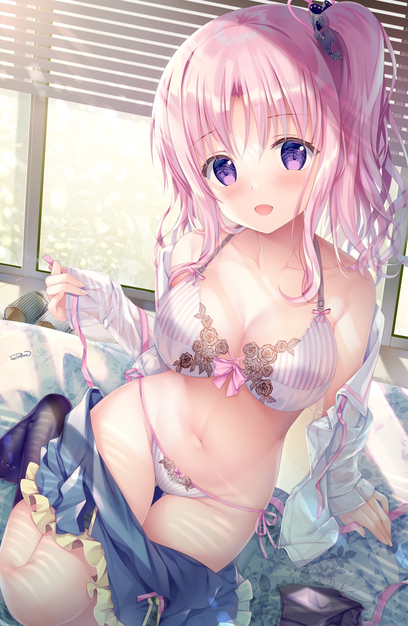 1girl ass_visible_through_thighs bangs black_legwear blinds blush bow bow_bra bow_panties bra breasts eyebrows_visible_through_hair floral_print frilled_skirt frills groin hanahanamaki highres indoors looking_at_viewer medium_breasts medium_hair navel on_bed open_clothes open_mouth open_shirt original panties pink_hair ribbon see-through shade shirt side-tie_panties side_ponytail sitting skirt skirt_pull socks socks_removed solo stomach striped striped_panties thighs underwear vertical-striped_bra vertical-striped_panties vertical_stripes violet_eyes white_shirt window