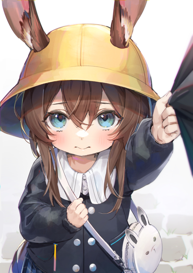1girl 3: amiya_(arknights) animal_ears arknights arm_up bag bangs blue_eyes blush brown_hair bunny_bag clenched_hand closed_mouth ears_through_headwear frostnova_(arknights) hair_between_eyes hand_up hat holding_strap kindergarten_uniform long_hair long_sleeves looking_at_viewer mamemena out_of_frame rabbit_ears school_hat shirt_tug solo_focus yellow_headwear younger